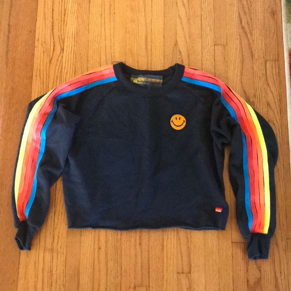 Aviator Nation Navy Sweatshirt with Rainbow Stripe Sleeves & Yellow Smiley